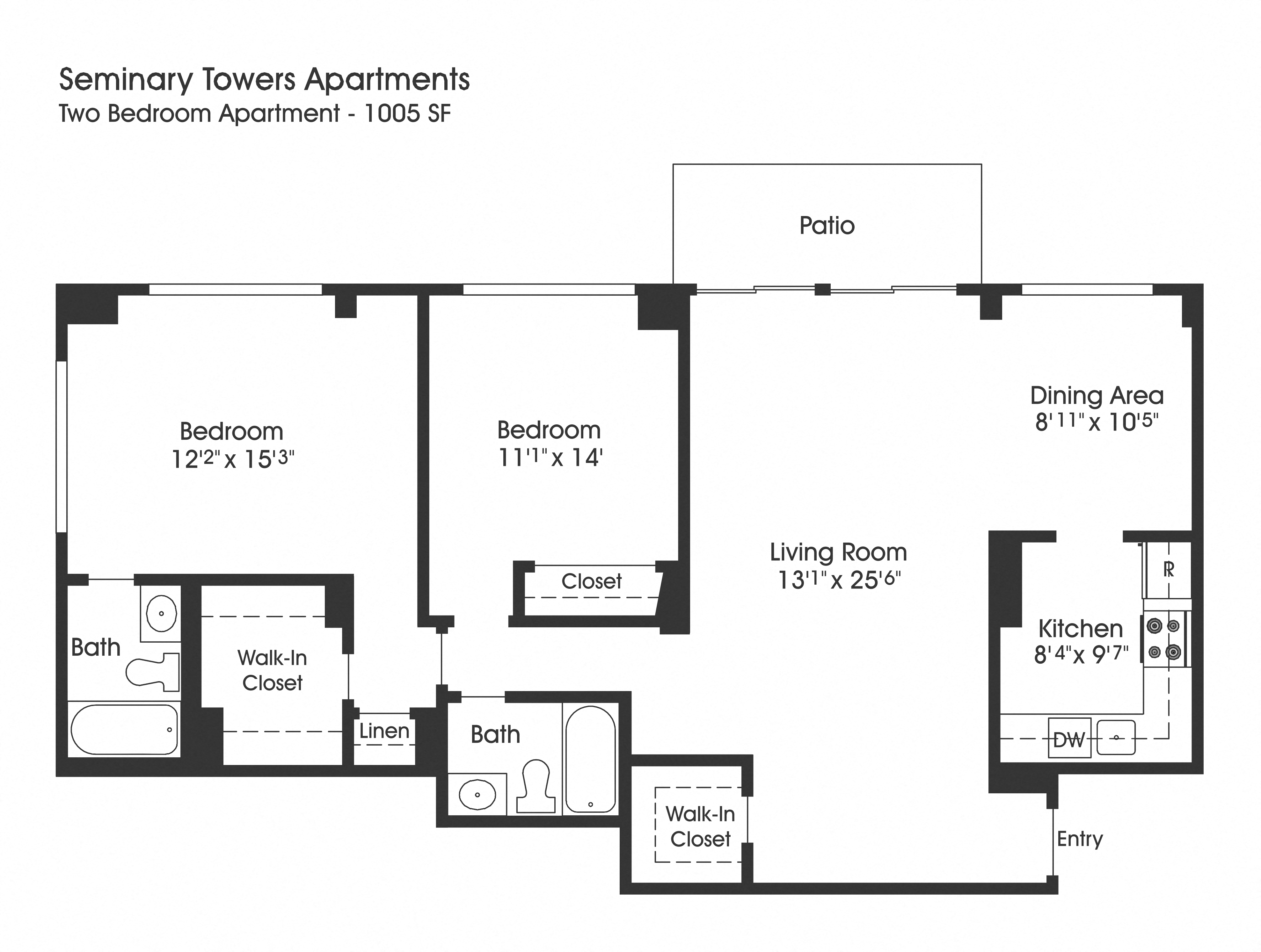 Floor plan for 2 beds, 2 baths, 1005 sqft